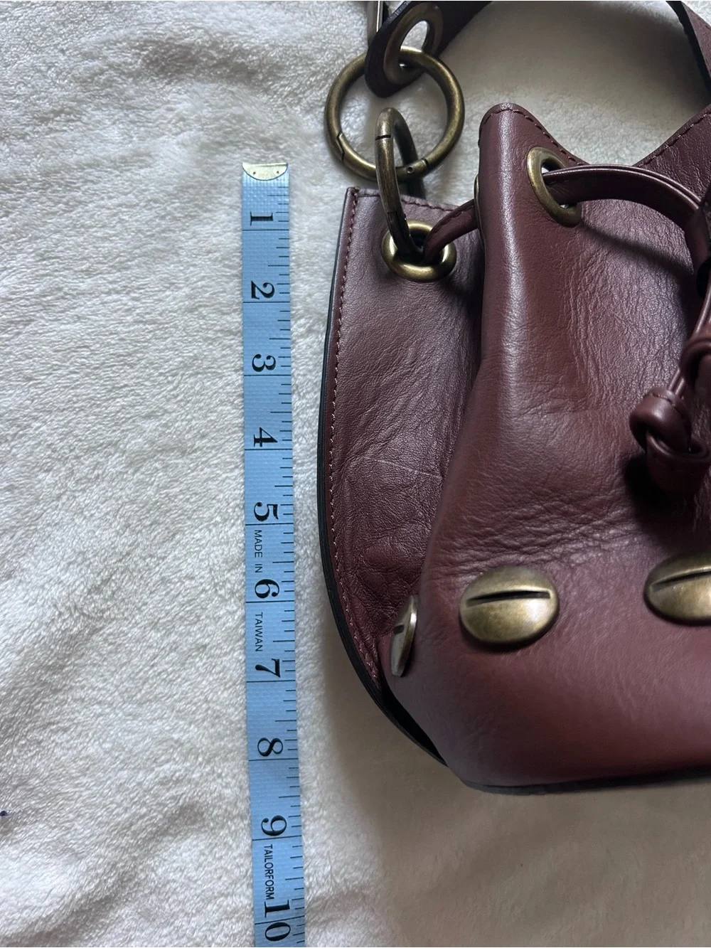 Stella Bianca Brown Italian Leather Brass Studded Drawcord Bucket Crossbody Bag